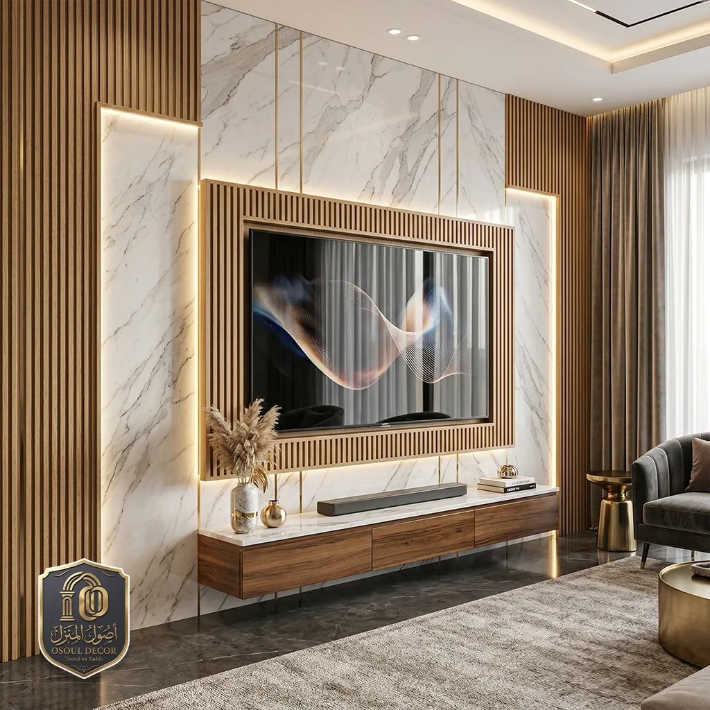 ديكور شاشة تلفزيون خشب ورخام فخم بجدة